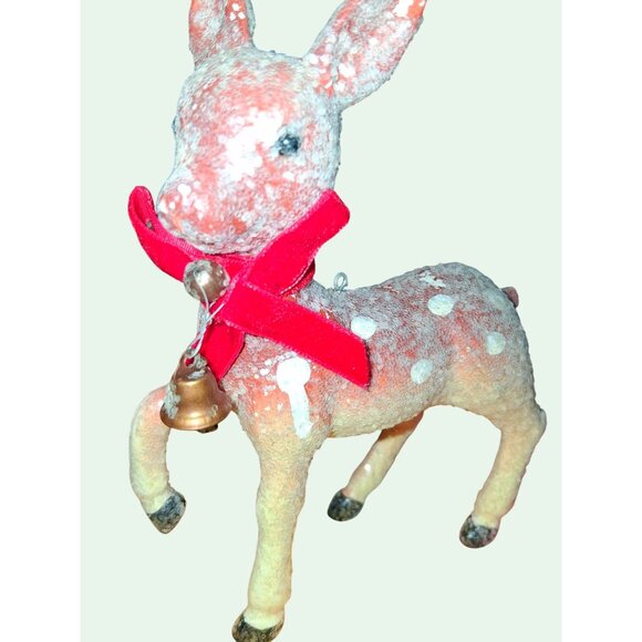 Vintage Flocked Deer Figurines With Red Bows & Bells + Red Bird Clip - Picture 5 of 10